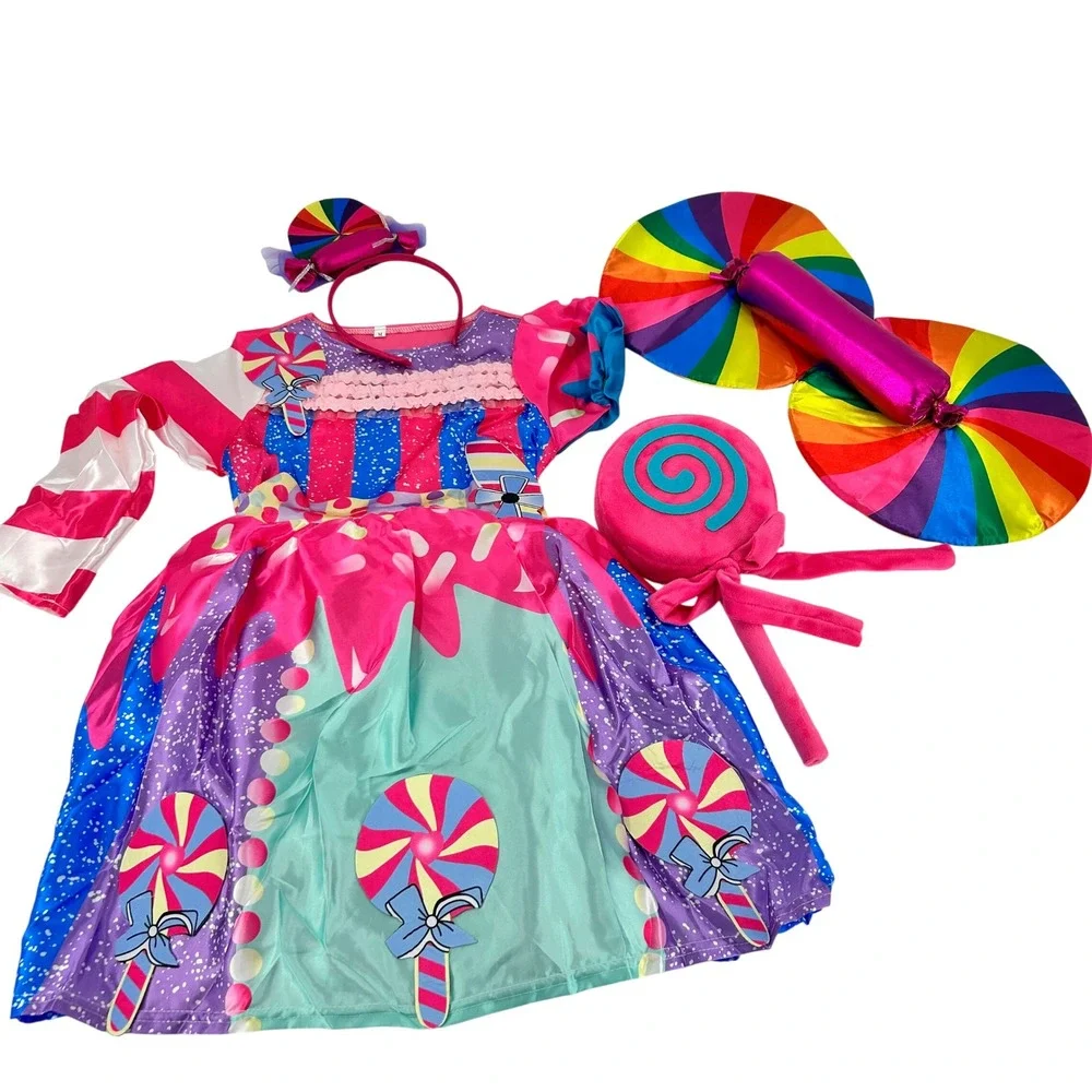 Kids Candy Land Lollipop Costume 4 pieceSet Pink Blue Rainbow Dress Wings Size M